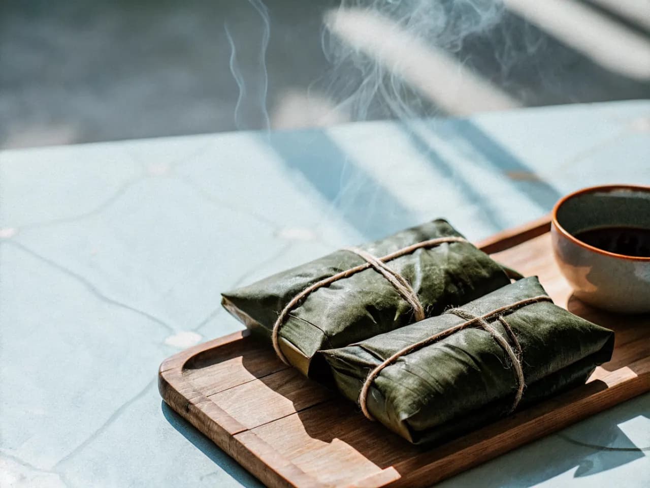 Authentic Costa Rican tamales wrapped in green banana leaves and tied with natural twine on a wooden board