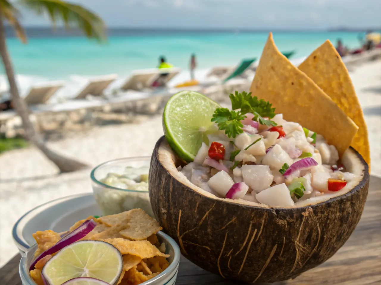 Fresh ceviche served in a coconut shell with lime, cilantro, and tortilla chips on a beachside table