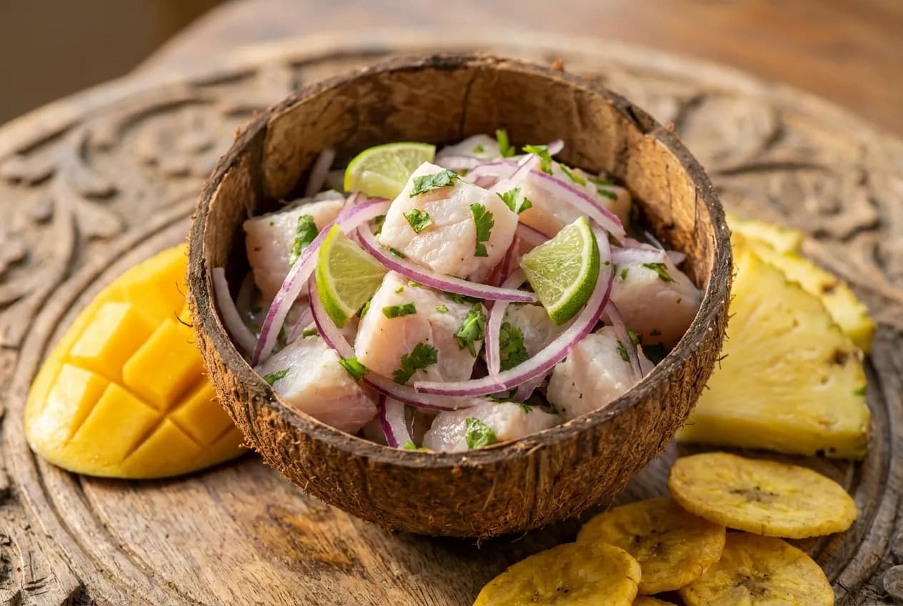 Fresh Costa Rican ceviche served in a coconut shell bowl with fish, red onion, cilantro, and lime