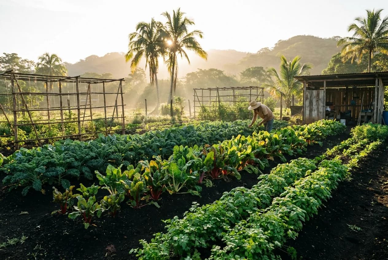 Lush organic vegetable garden on a small Costa Rican farm at golden hour with rows of leafy greens and herbs