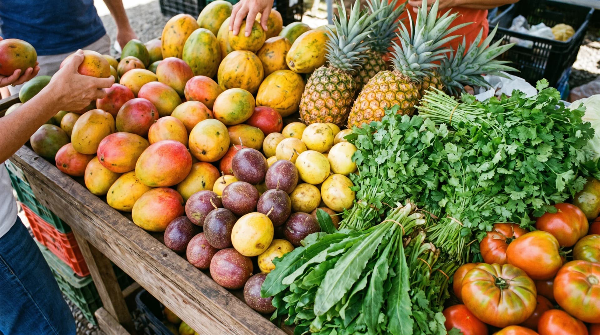 Overhead view of a Costa Rican farmers market table piled high with fresh mangoes, papayas, pineapples, and herbs