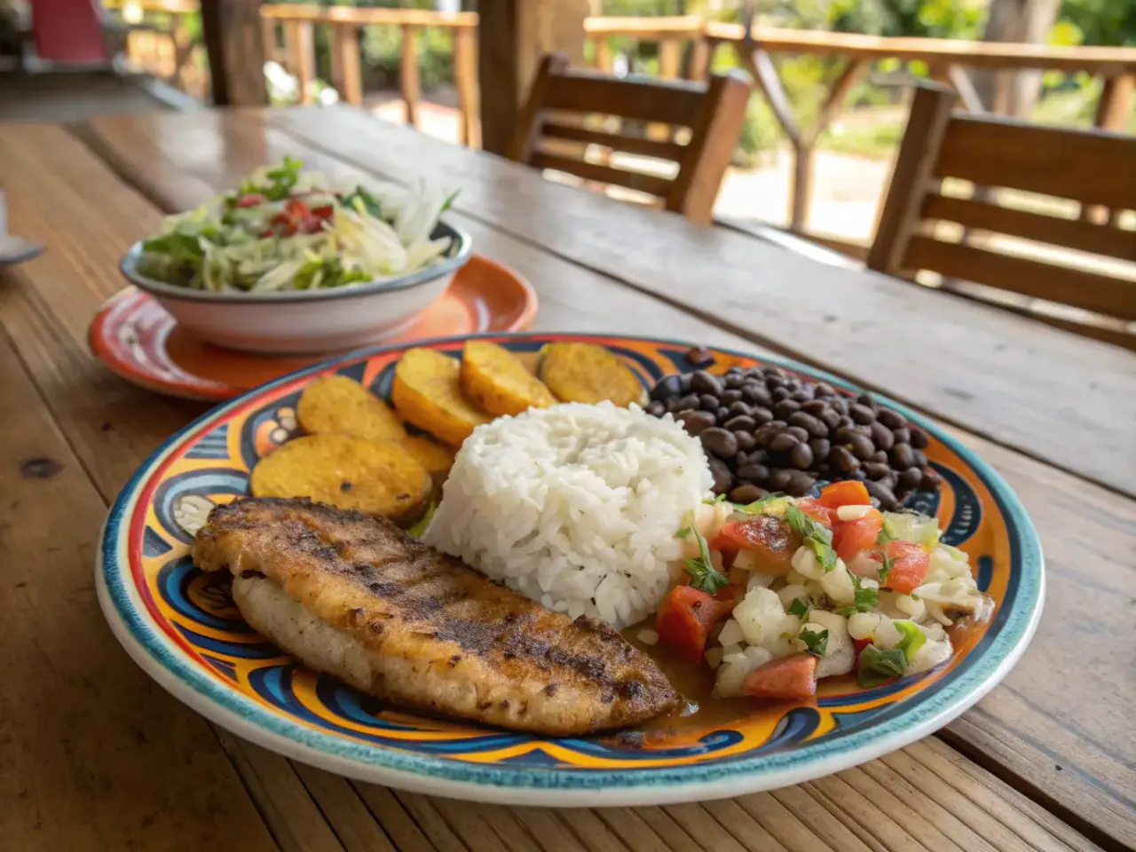 Traditional Costa Rican casado plate with rice, black beans, fried plantains, salad and grilled fish
