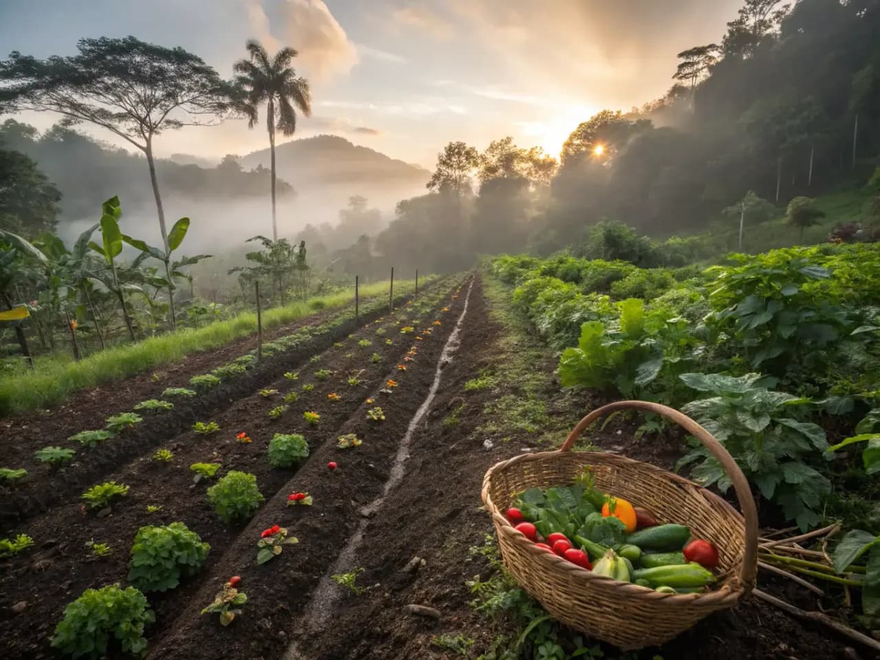 Lush Costa Rican organic farm at sunrise with rows of vegetables and a harvest basket