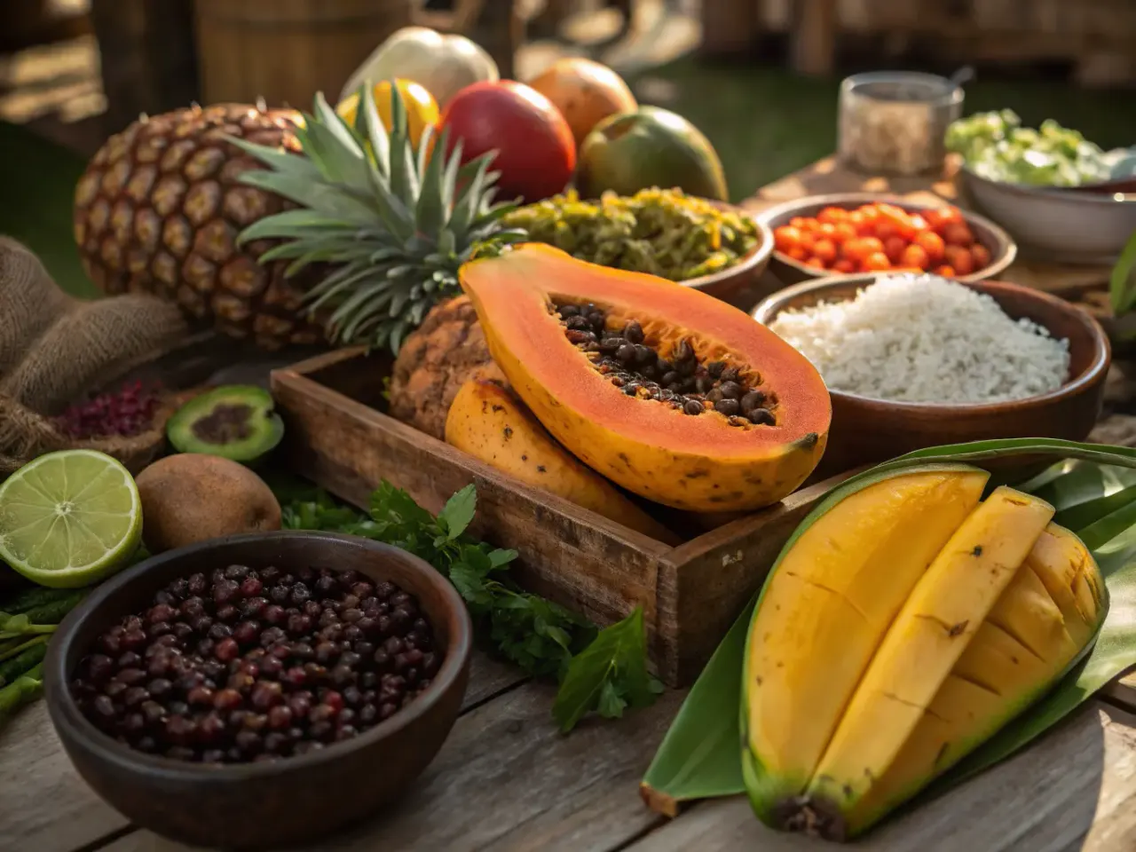 Fresh Costa Rican market ingredients — tropical fruits, plantains, rice, beans and spices