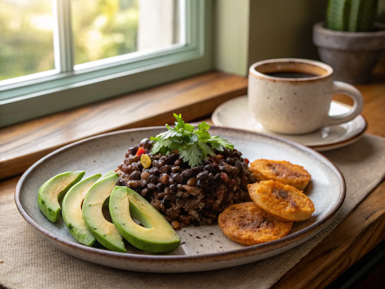 Gallo pinto plate with sliced avocado, fried plantains, and Costa Rican coffee
