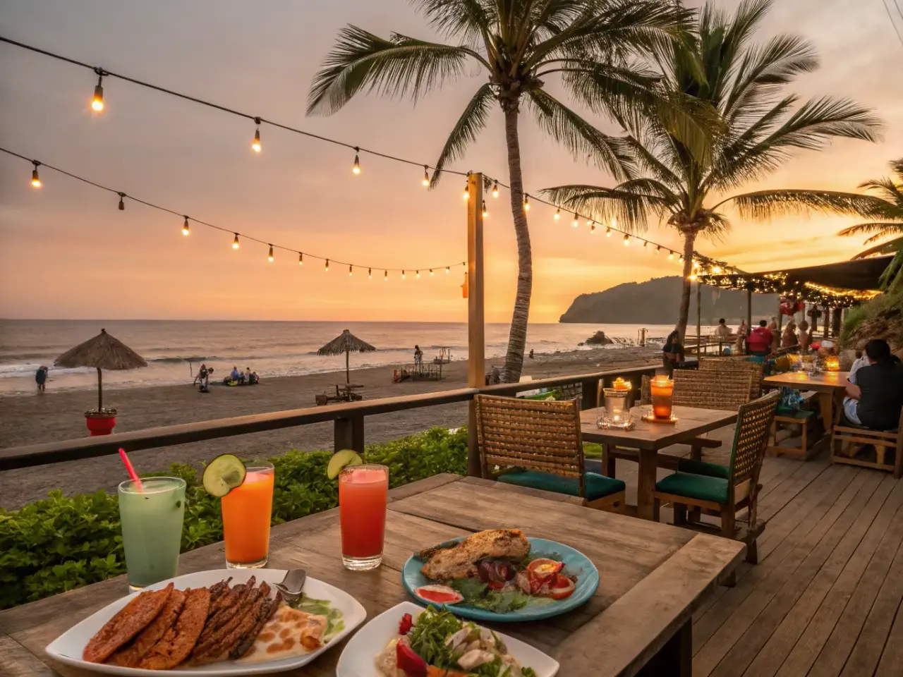 Jaco beachside open-air restaurant at golden hour with Pacific Ocean views and string lights