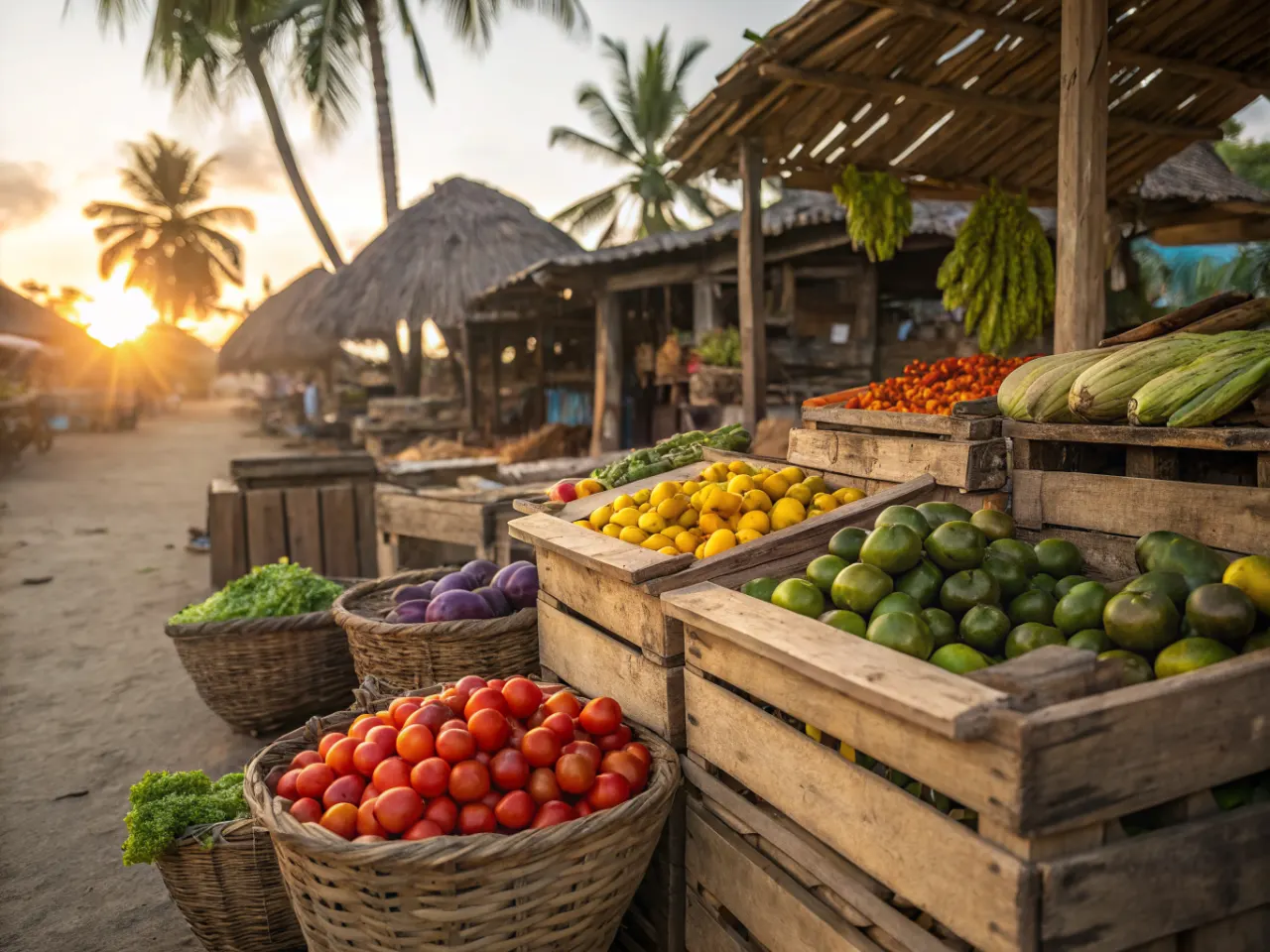 Wooden crates overflowing with fresh local produce at a Costa Rican farmers market at sunrise