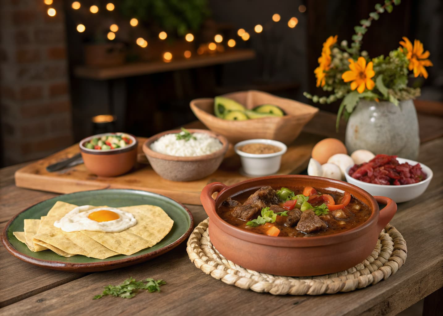 Traditional Costa Rican comfort food spread with olla de carne beef stew, gallo pinto, and tortillas on a rustic wooden table with warm string lights