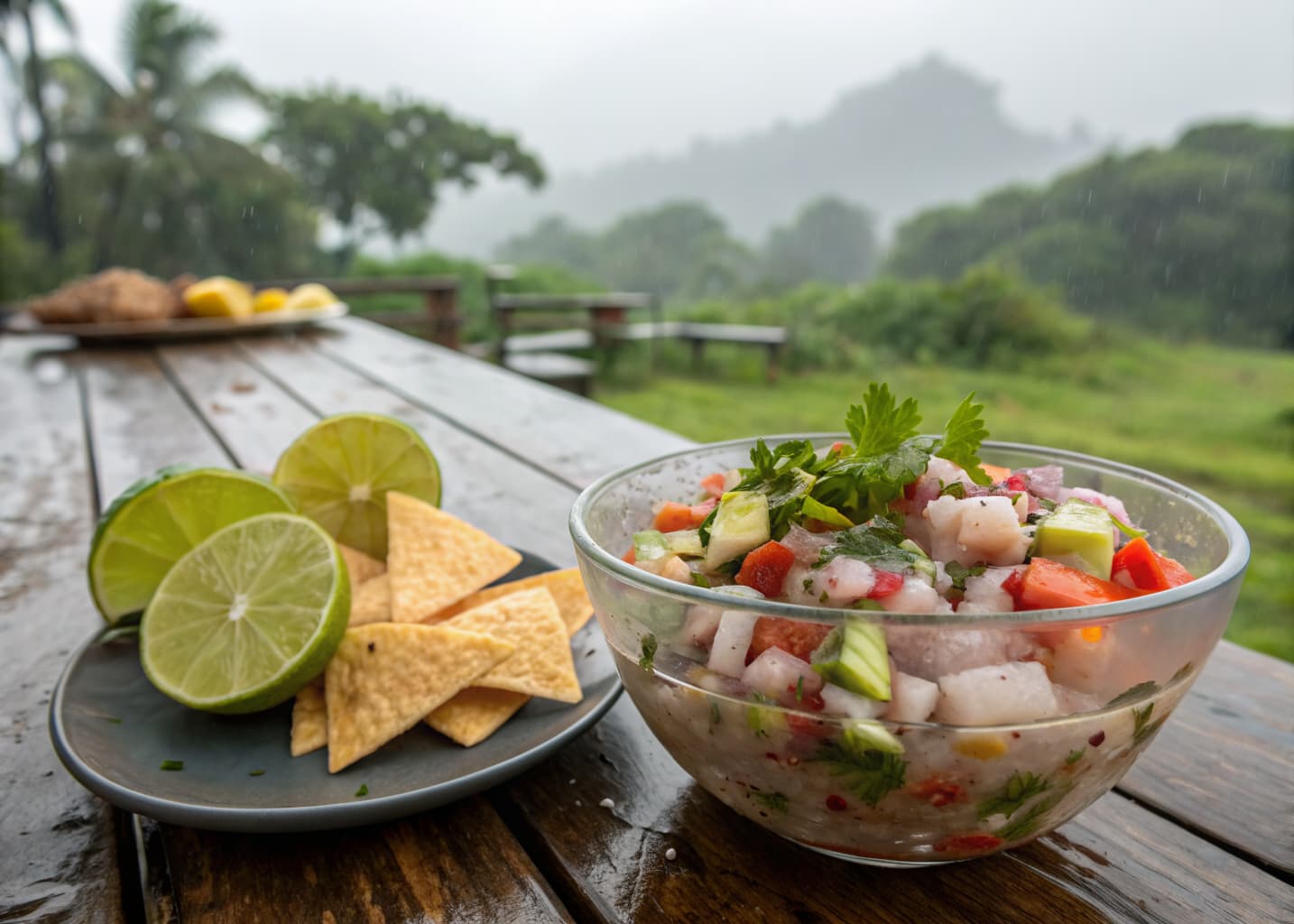 Fresh dorado mahi-mahi ceviche with lime and tortilla chips on an open-air restaurant table in Jaco Costa Rica during a rainy afternoon