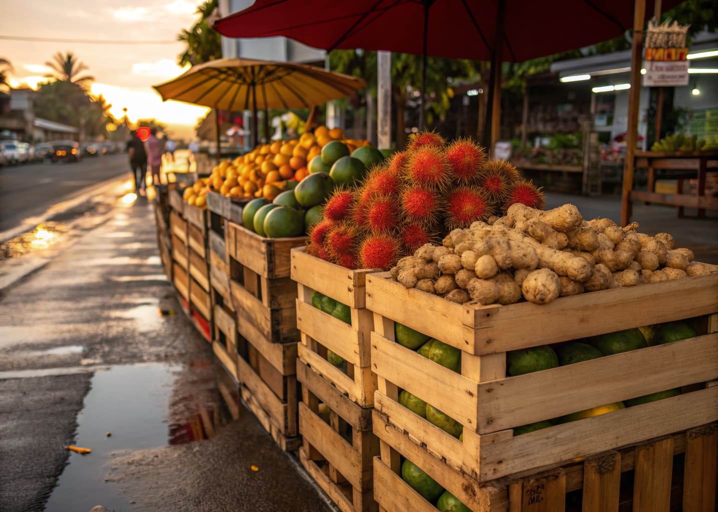 Wooden market crates in Jaco Costa Rica filled with rambutan, star fruit, ayote squash, cas fruit, and fresh ginger root