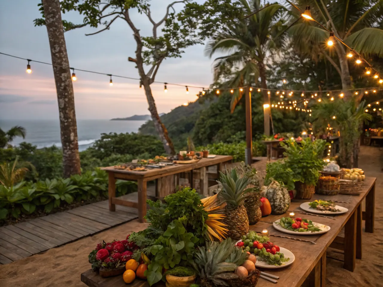 Outdoor farm-to-table dining setup in Costa Rica with fresh produce centerpieces, string lights, and ocean view at dusk