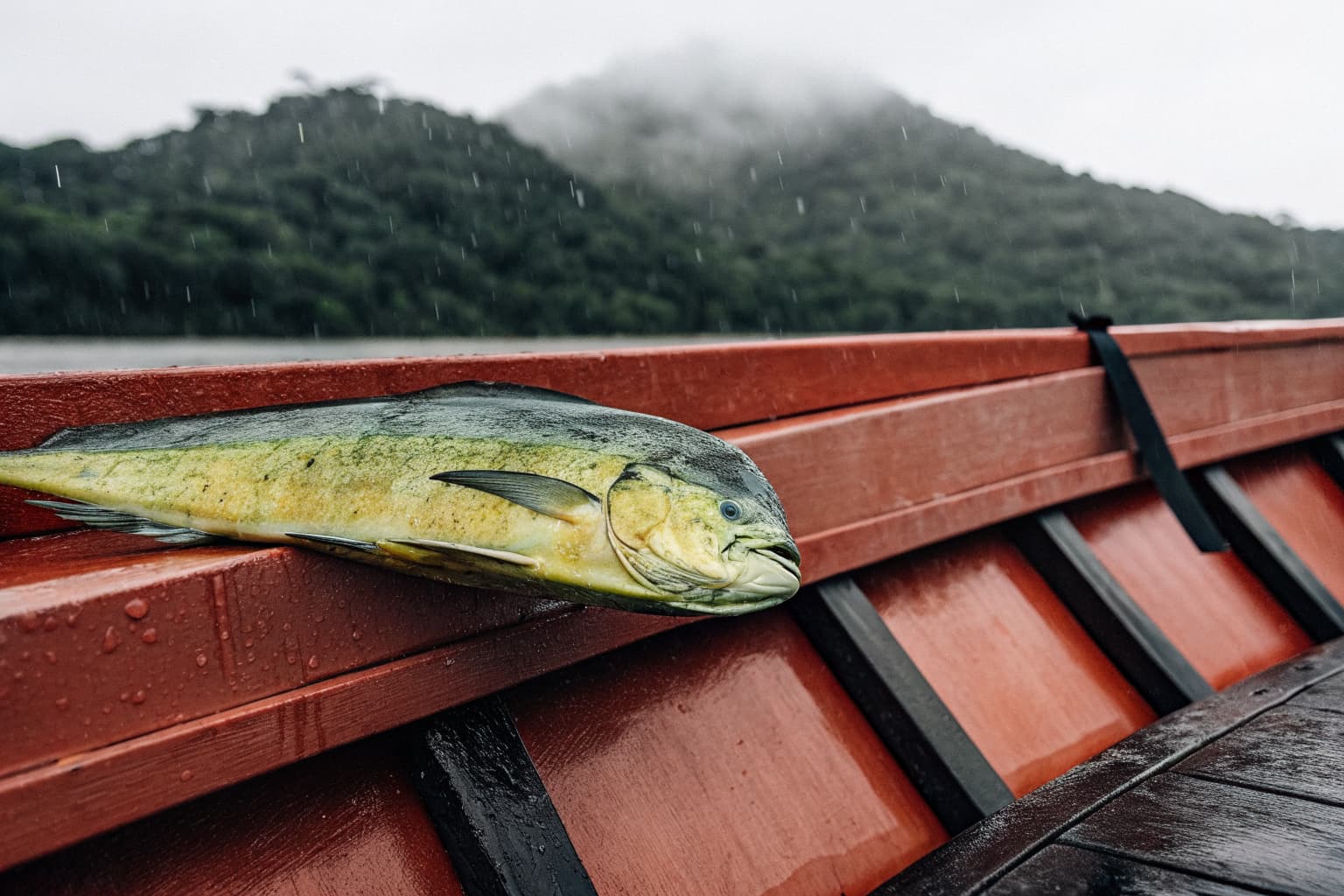 Fresh caught golden dorado mahi-mahi resting on a wooden boat deck near Jaco Costa Rica with misty green jungle hills in the background