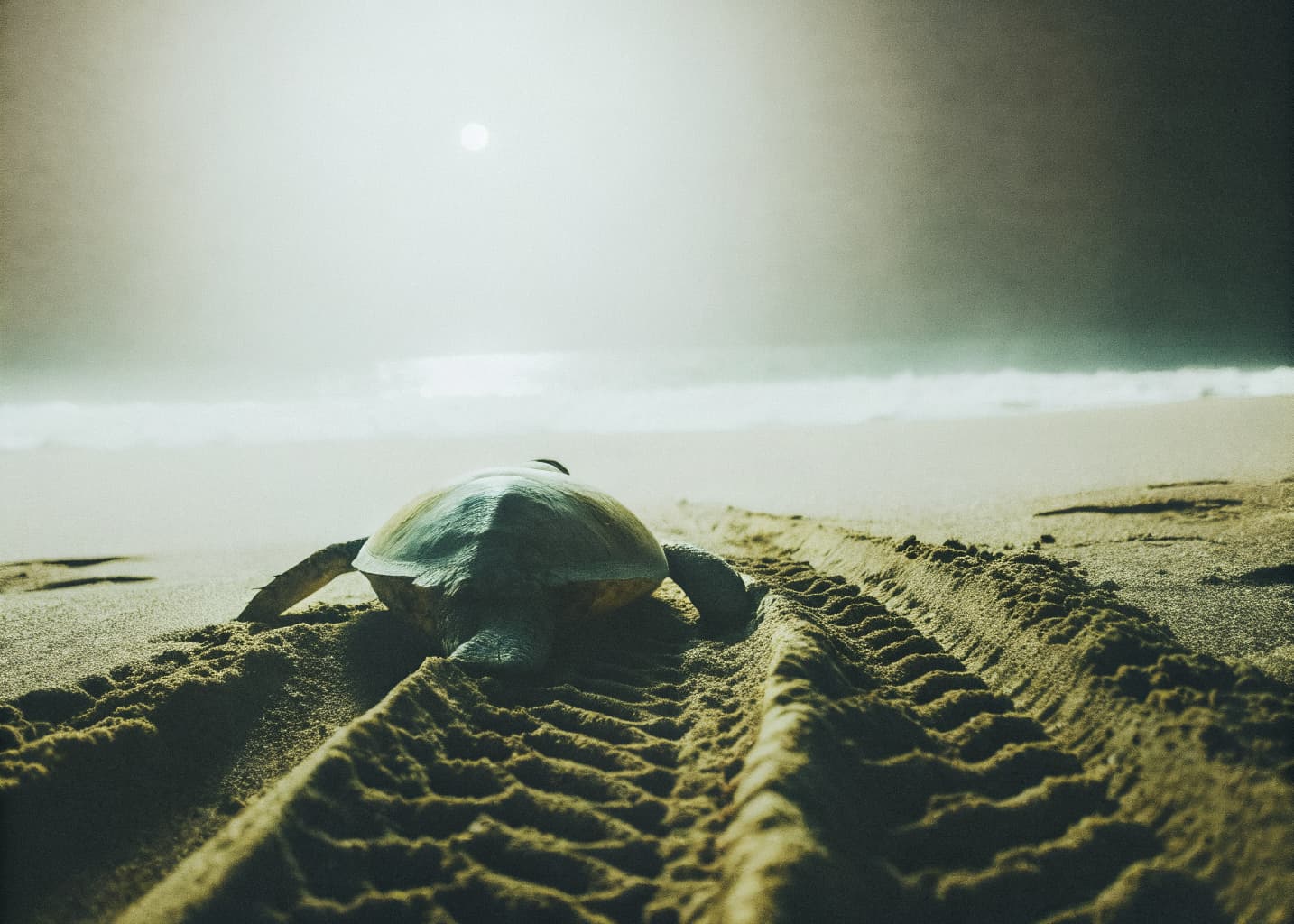 Olive Ridley sea turtle nesting on a dark sand beach near Jaco Costa Rica at night with tracks leading to the surf under moonlight